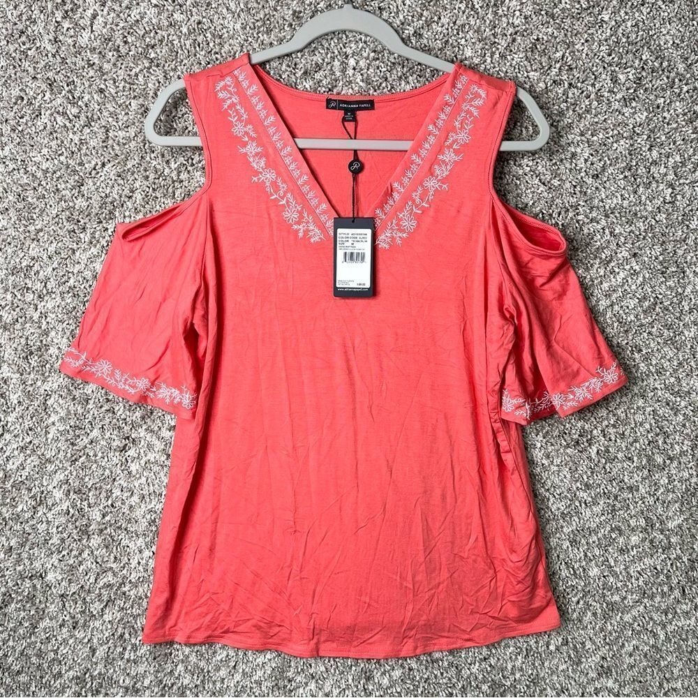 Adrianna Papell Top Women’s M Coral & White Embroidered V-Neck Cold Shoulder NWT